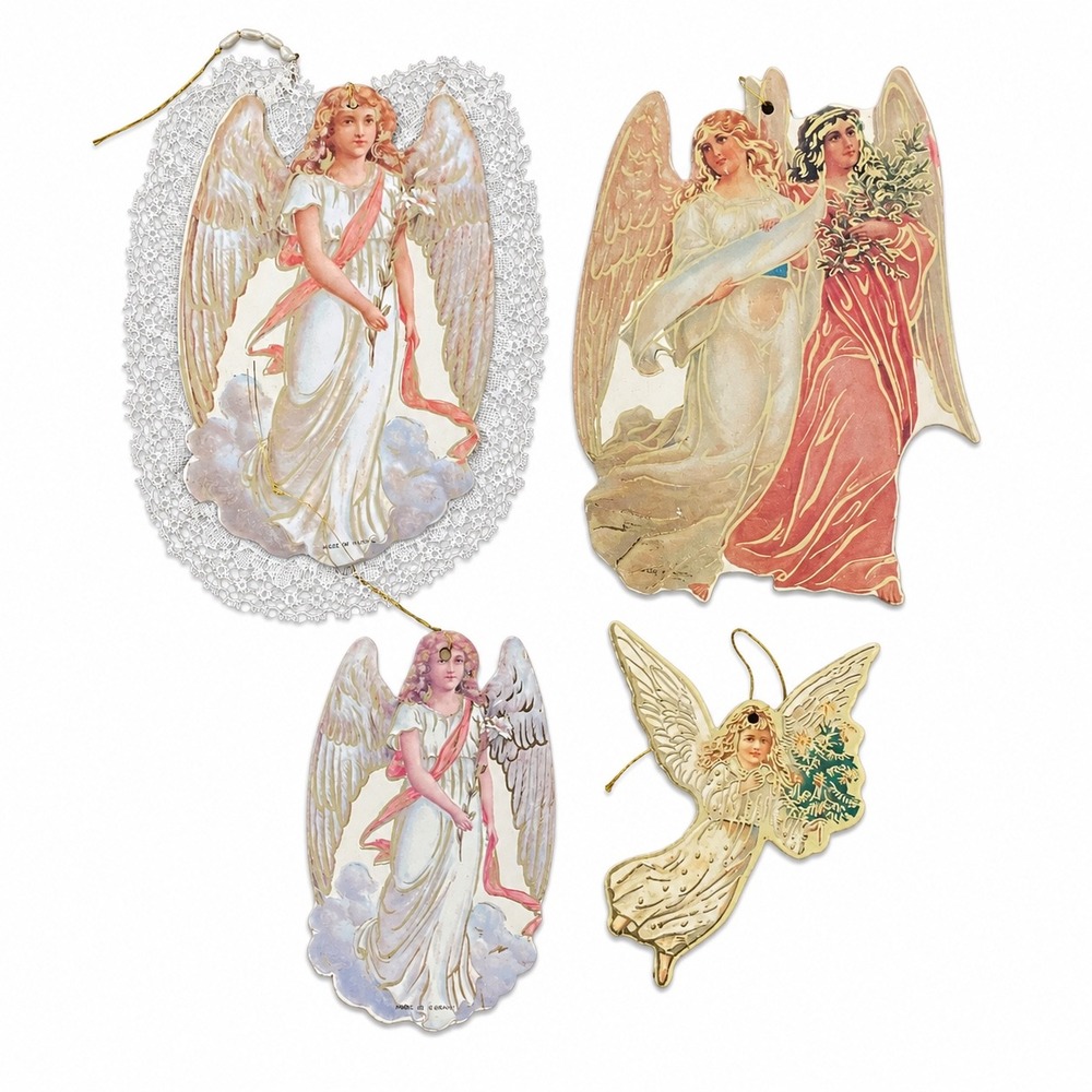 Vintage Style Victorian Angel Christmas Ornaments Set of 4 Lace Gold Die Cut